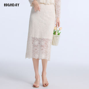 highday轩日高腰半身裙2025春季 女花格镂空包臀设计感中长裙 新款