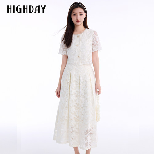 HIGHDAY轩日小香风蕾丝衬衣2026夏季重工镂空商场同款短袖上衣女