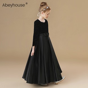 中大童主持演出服女童长袖公主裙乐团小提琴演奏服儿童丝绒晚礼服