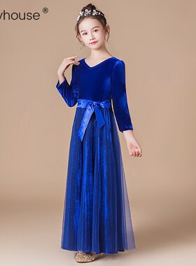 中大童长袖钢琴演出服女童高端公主裙儿童金丝绒秋冬礼服蓝色长裙