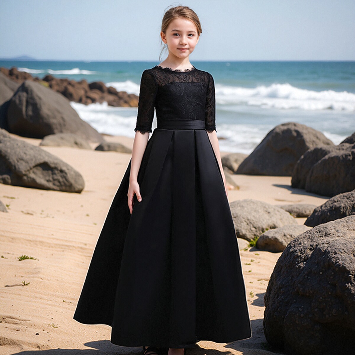 赫本风黑色钢琴演出儿童主持礼服