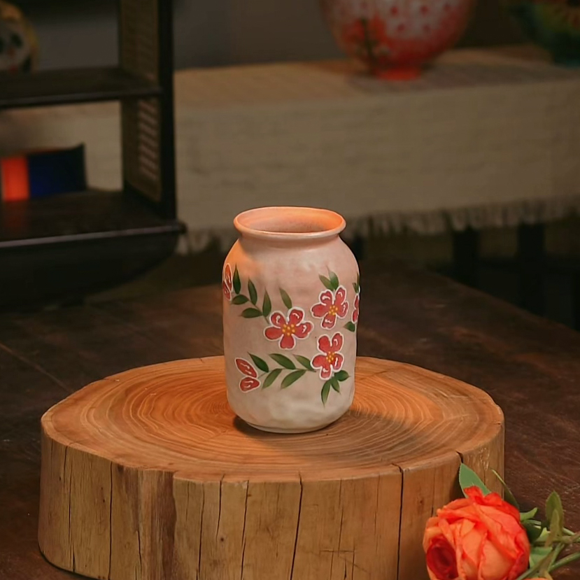 『024』1256-花瓶山茶花粉红色（口8cm，高15cm）