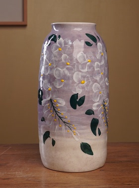 『125』3272-花瓶紫底白色紫藤花ff（口7cm，高23cm）