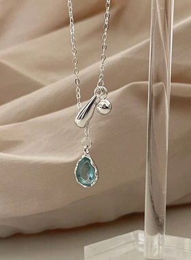 S925纯银一滴泪项链女蓝色水滴小众设计韩国ins高级感爆款锁骨链
