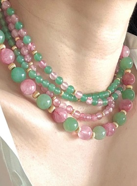 复古天然石粉绿撞色串珠项链女东陵玉彩色多巴胺叠戴ins小众设计