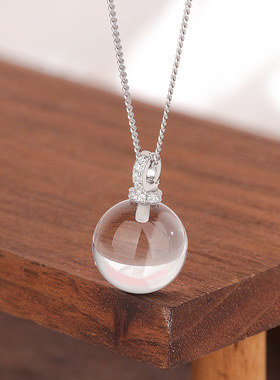 925纯银天然白水晶吊坠项链韩版简约透明圆球锁骨链小众设计感