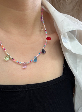 碎银子灯泡水滴项链s925纯银彩色糖果锁骨链波西米亚风出游时髦