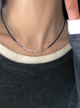 S925银碎银子青金石项链显白蓝色串珠锁骨链小众精致百搭通勤时尚