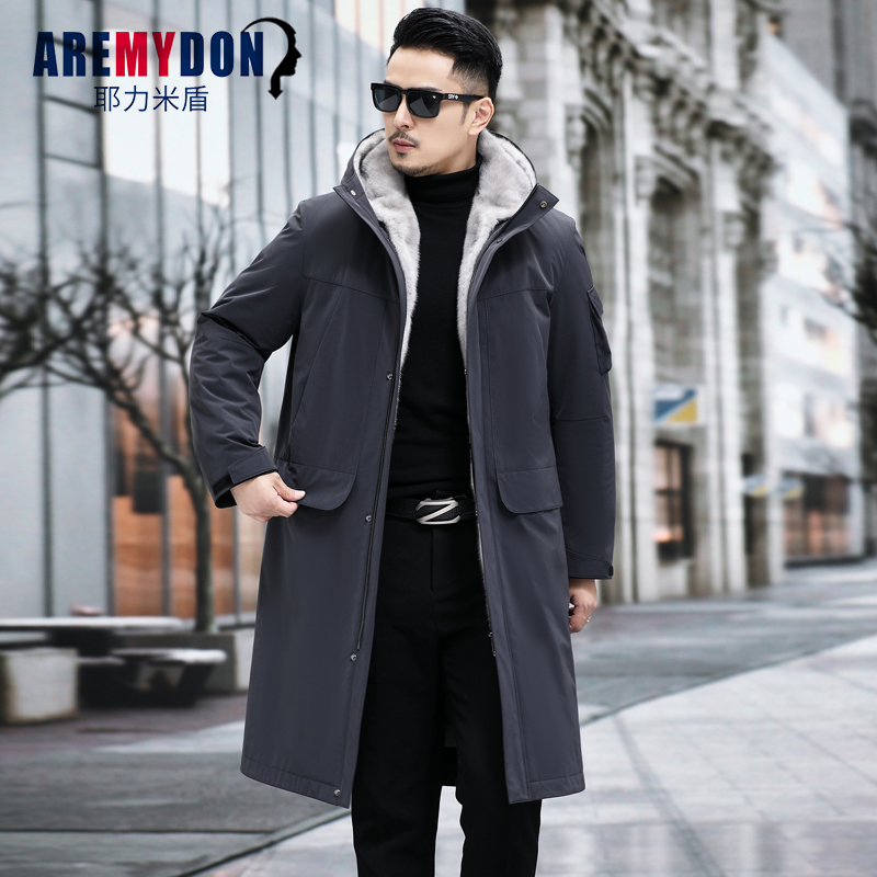 超长灰貂内胆男装皮草连帽派克服