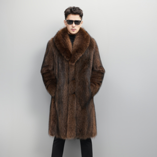 进口美洲浣熊过膝皮草大衣男士 高端皮毛一体青果领纽扣外套 冬季