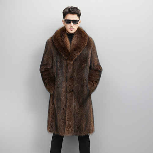 进口美洲浣熊过膝男士皮草大衣