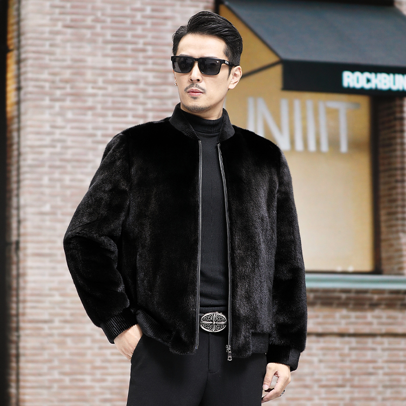 棒球领原色宝嘉美水貂整貂裘皮貂皮大衣天鹅绒短款男貂毛皮草外套