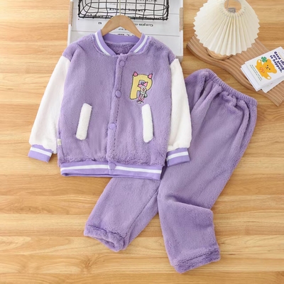 25101女童家居服套装冬款秋冬4-6岁小童宝宝对开连帽毛绒加厚睡衣