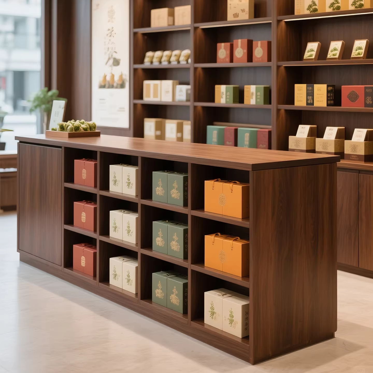 实木双面茶叶柜茶叶店中式多层中岛架瓷器流水台展示台货架置物架