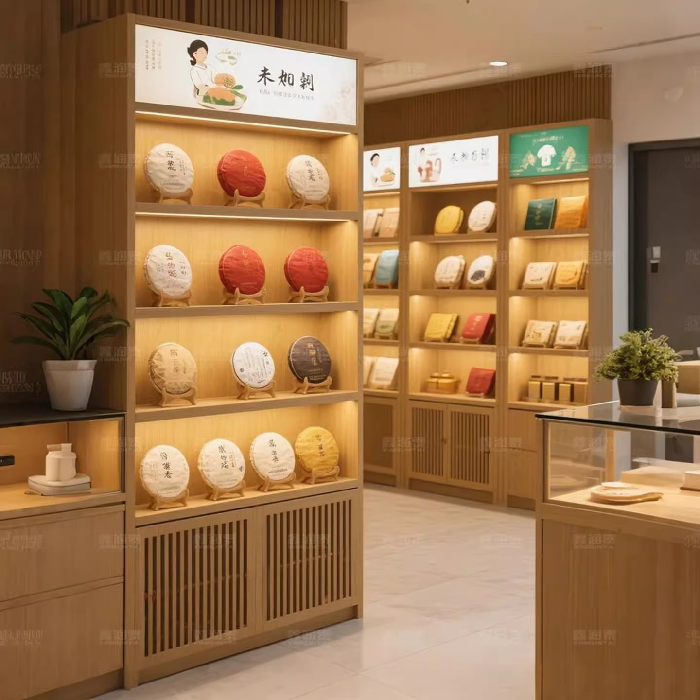 定制实木茶叶展示柜带灯商品展示架烟酒展柜瓷器置物架货架陈列柜