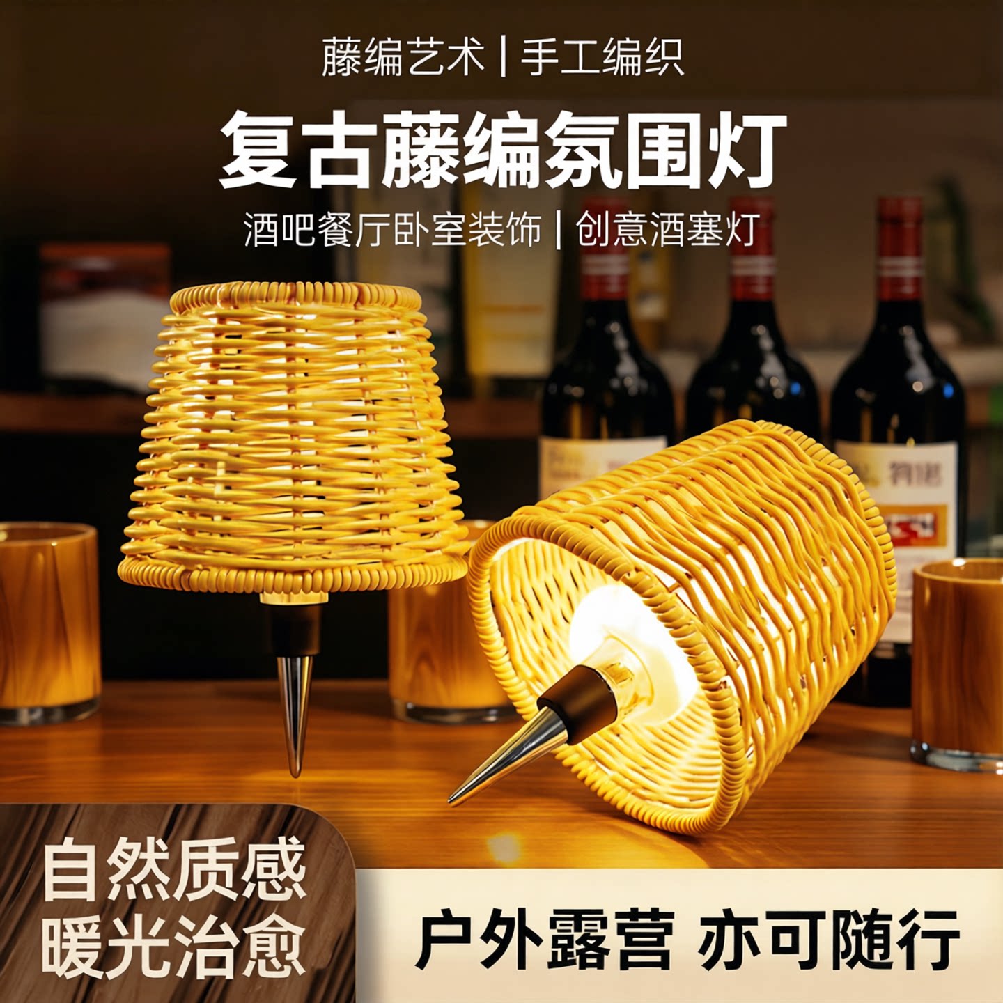 藤编台灯酒吧餐厅卧室装饰灯复古温馨氛围感创意酒塞灯户外露营灯