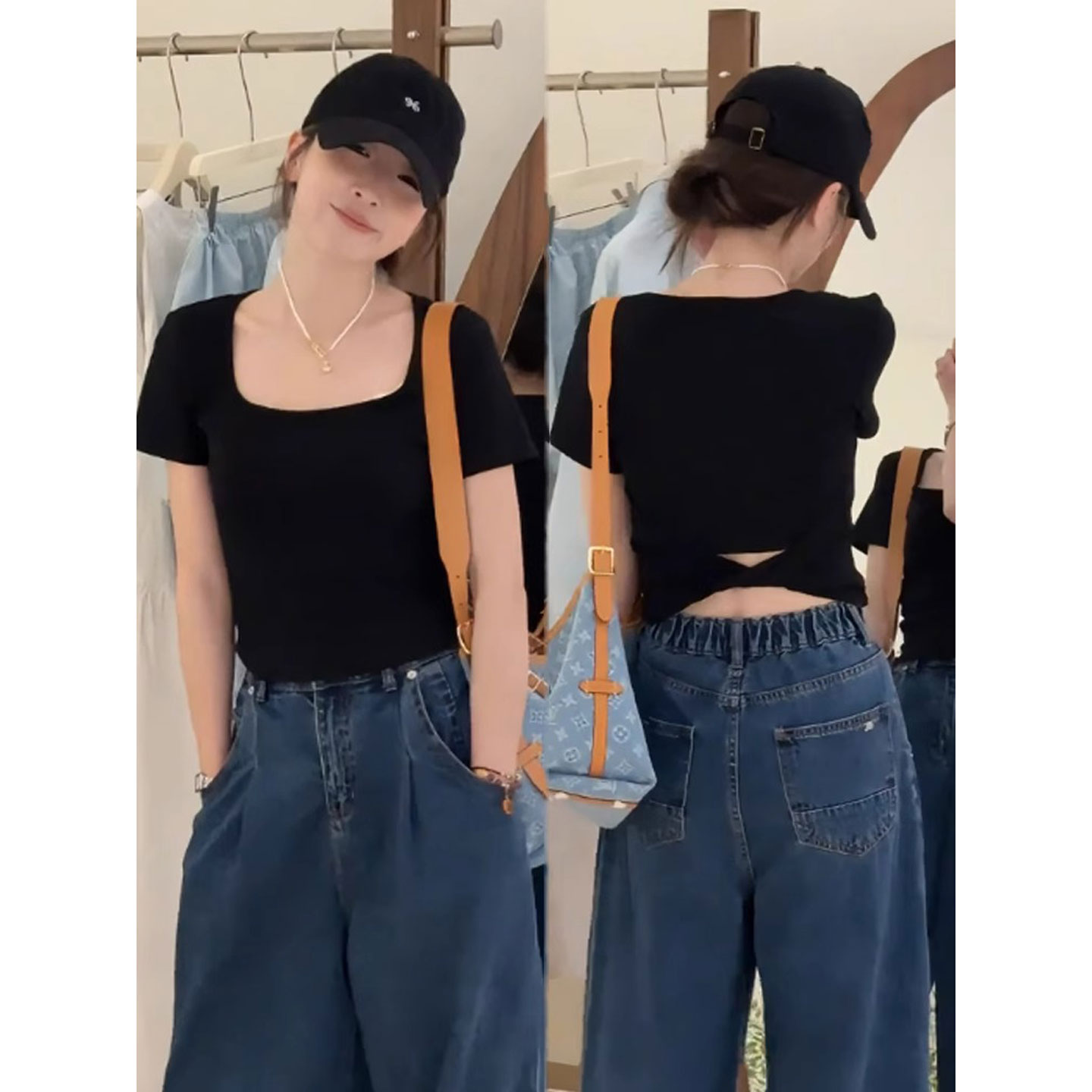 小心机后背镂空方领正肩短袖t恤女2025新款夏季辣妹修身短款上衣