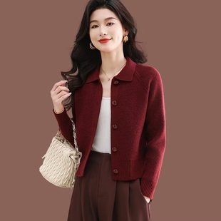 25新款羊毛针织开衫女春秋冬短款翻领纽扣高腰小个子洋气毛衣外套