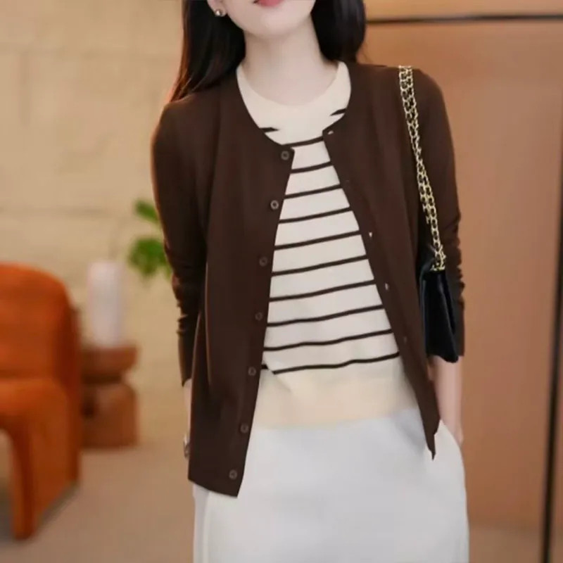 咖啡色假两件减龄针织开衫女