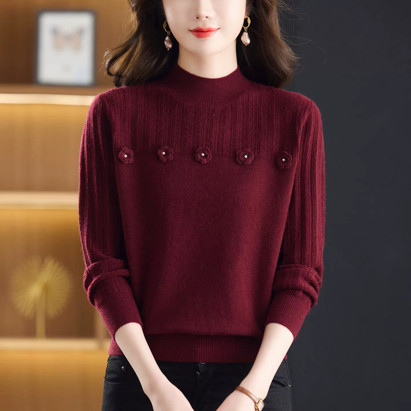 上衣服中老年女装时尚红色毛衣女