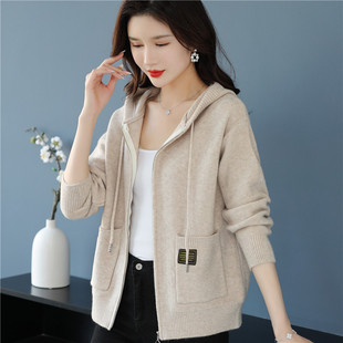 外搭双口袋带帽针织线衣开衫 2025年新款 连帽毛衣外套女秋装