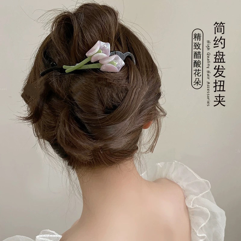高级感郁金香醋酸一字扭夹后脑勺盘发抓夹横夹发卡发夹头饰2024新
