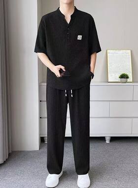 夏季男装套装新中式高级款中国风一整套宽松休闲百搭潮流纽扣短袖