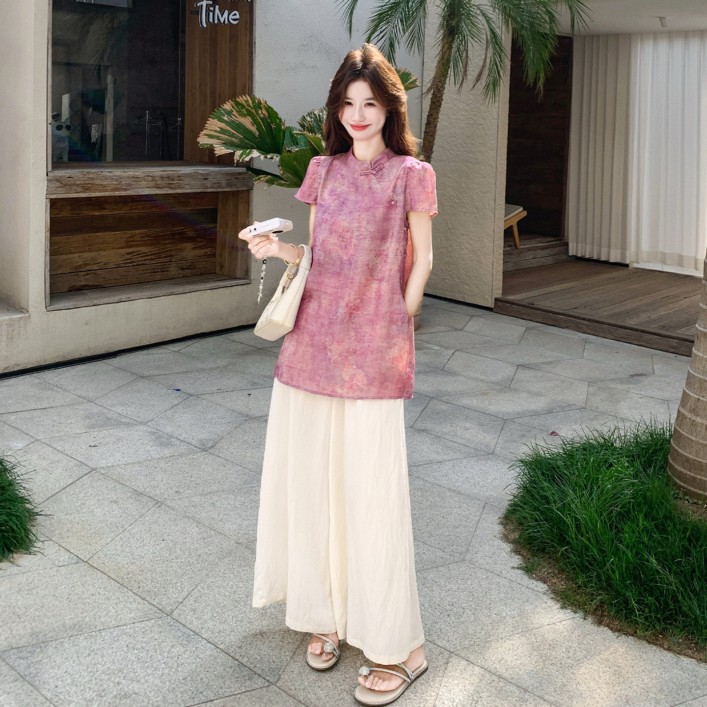 新中式国风套装女2025夏新款时尚气质盘扣短袖衬衫阔腿裤两件套,女装套装/套裙,浙宝139