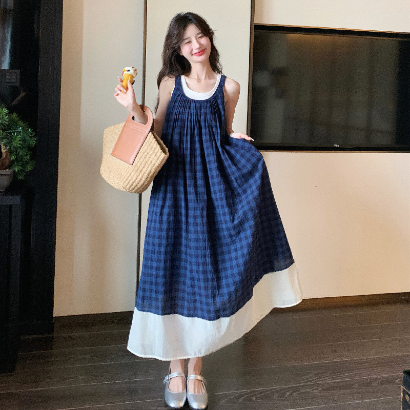 学院风蓝色格子吊带裙女2025夏新款白色背心无袖连衣裙,女装连衣裙,浙宝139
