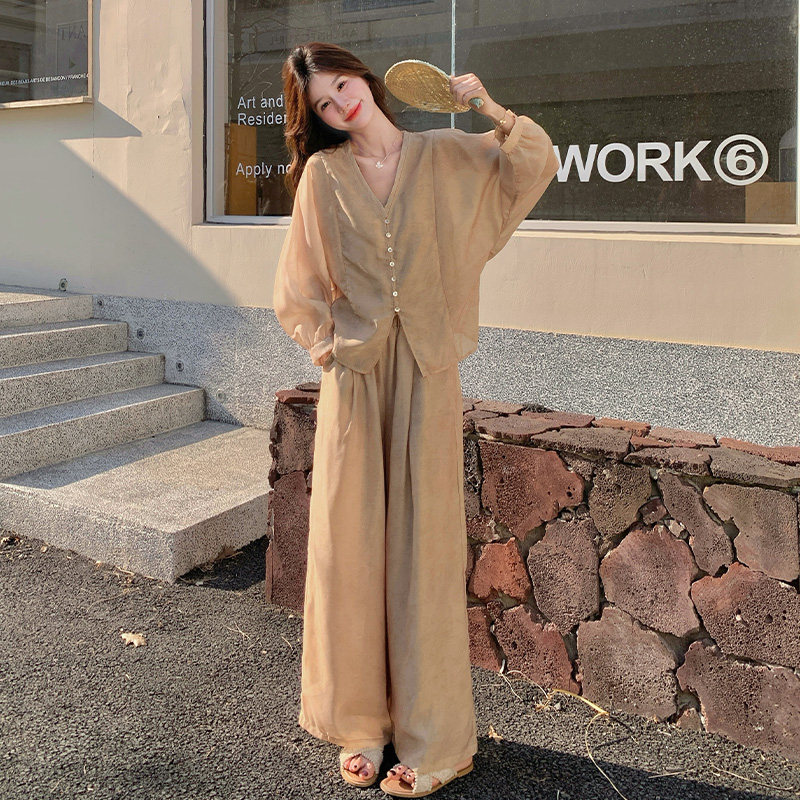 新中式国风套装女2025春季新款高级感气质显瘦衬衫阔腿裤两件套,女装套装/套裙,浙宝139