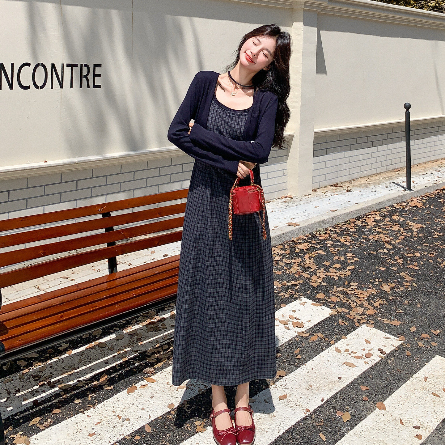 新品！羊毛披肩格纹抽褶收腰吊带裙套装139-25128-P175控268,女装套装/套裙,浙宝139