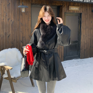 新品现货！真狐狸毛领 内胆90绒皮质风衣式羽绒服25178-P305控458图片