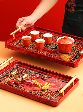 红色中式敬茶套装宫廷风格典雅复古家用杯盘干果盘长方形木质托盘