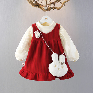 女童加绒连衣裙秋冬套装 周岁女宝洋气公主裙儿童抓周宴礼服两件套