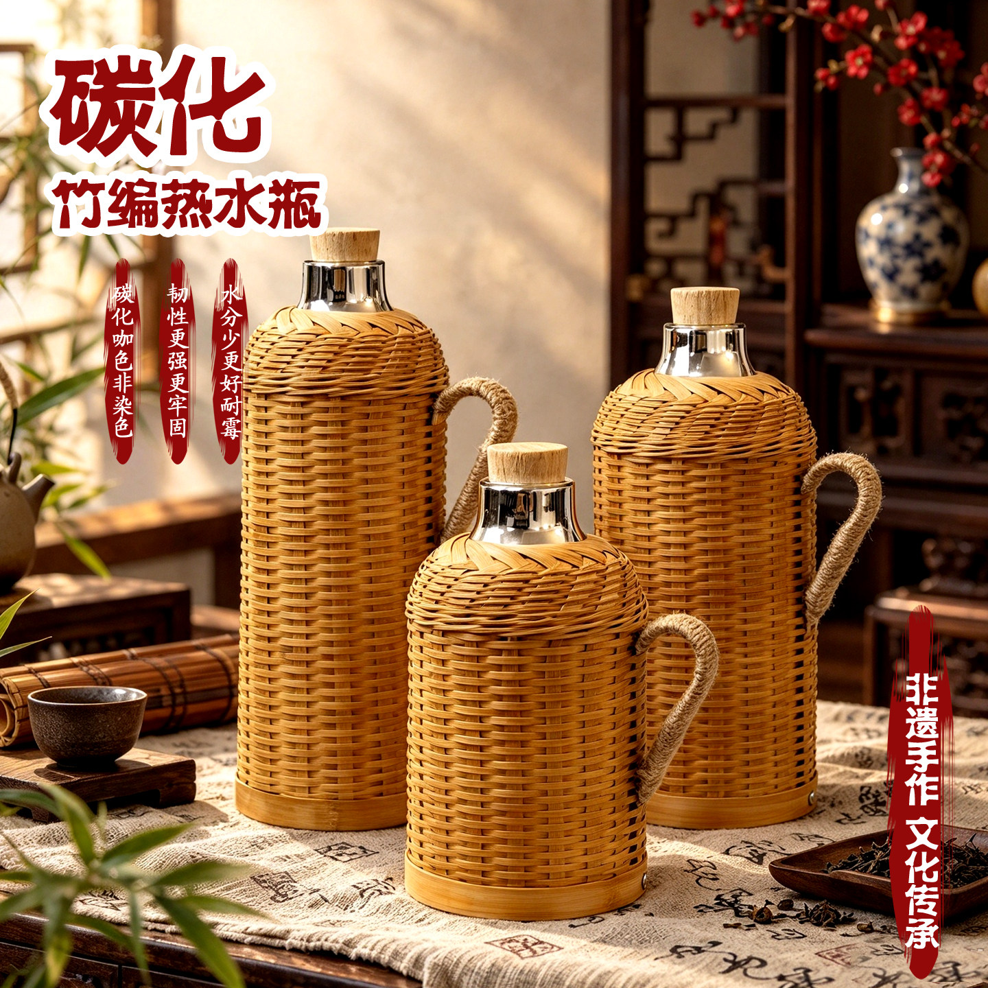 手工碳化老式竹编热水瓶保温暖瓶