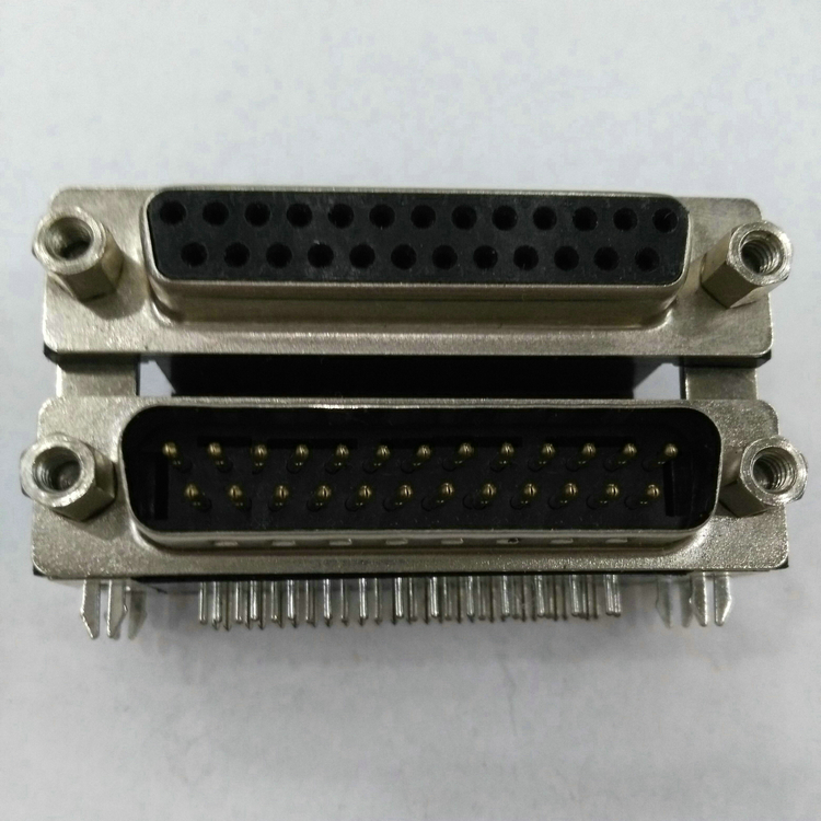 DR25 镀金 母对公 DB针对孔双层连体双胞胎弯针焊板并口连接器 窄