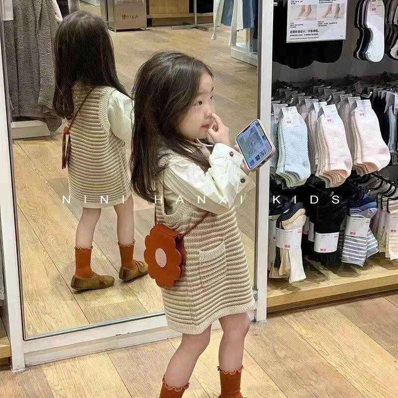 韩版童装2025春季新款气质女童针织背心裙翻领褶皱洋气衬衫套装