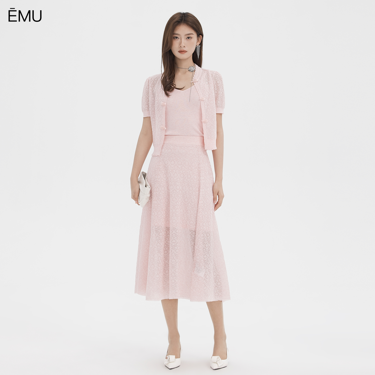 依妙EMU温柔风提花针织开衫套装半身长裙吊带背心女夏季三件套