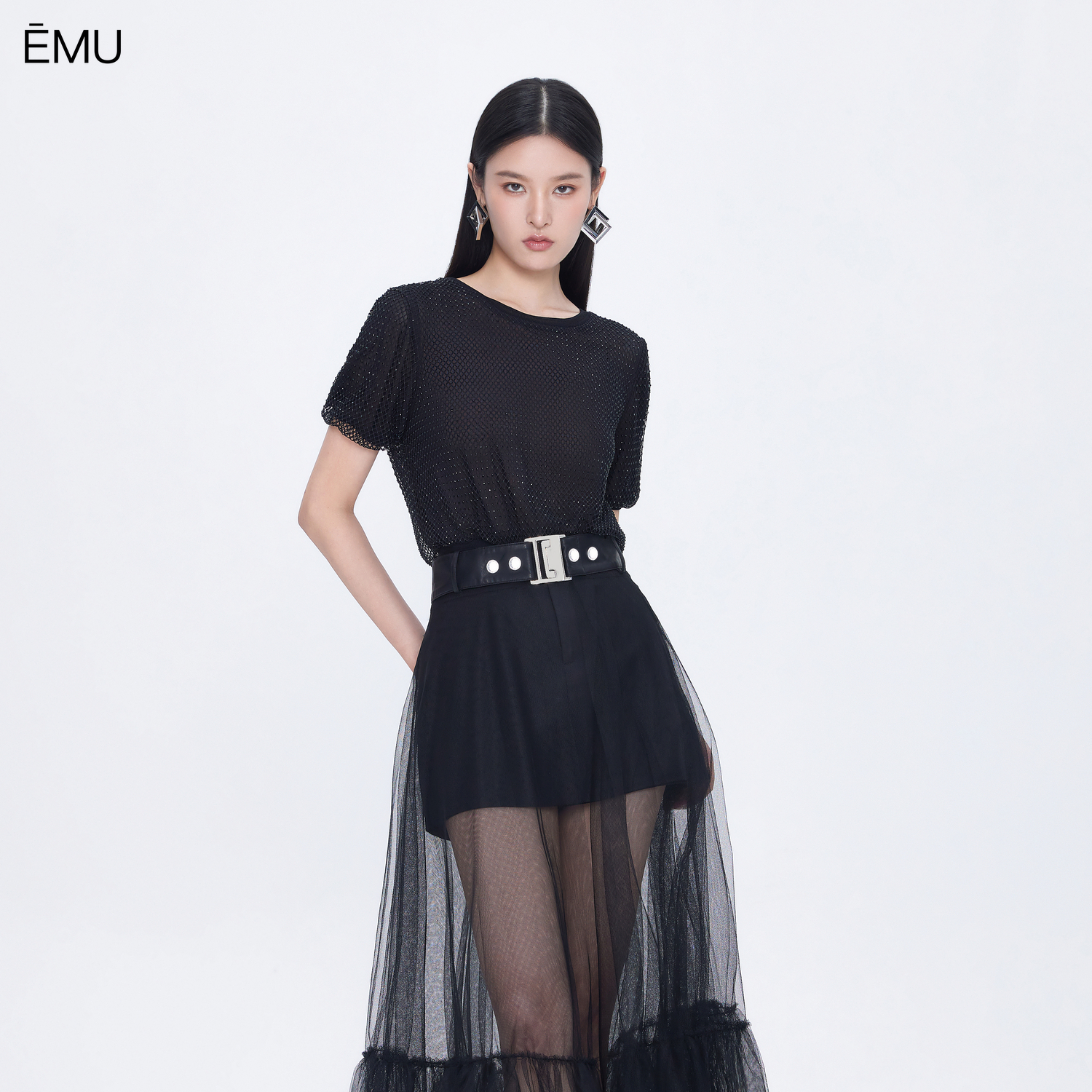 依妙EMU烫钻网纱短袖T恤女2025夏季新款潮流百搭显瘦上衣