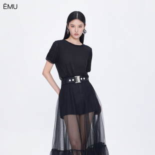 新款 潮流百搭顯瘦上衣 T恤女2025夏季 依妙EMU燙鉆網紗短袖