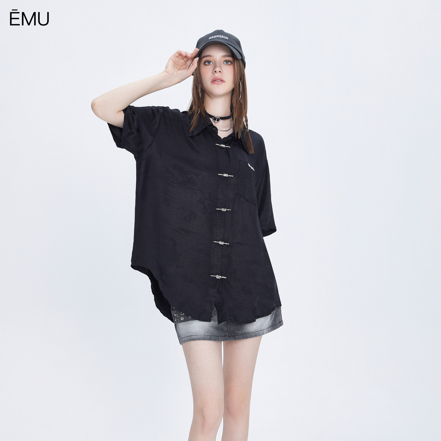 依妙EMU新中式提花衬衫女短袖2025夏新款时尚宽松显瘦上衣黑色