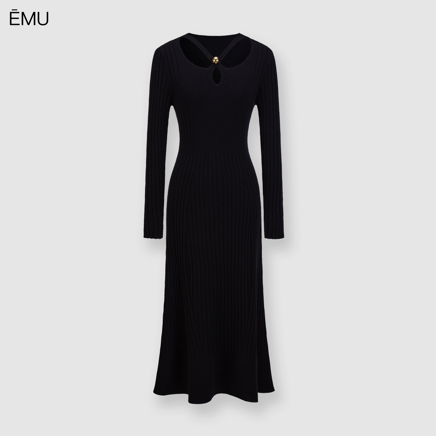 依妙EMU秋季气质显瘦毛织连衣裙交叉领长袖绵羊毛灵动优雅鱼尾裙