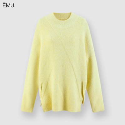 依妙EMU慵懒风毛衣冬季宽松圆领交叉设计感开叉针织衫长袖上衣