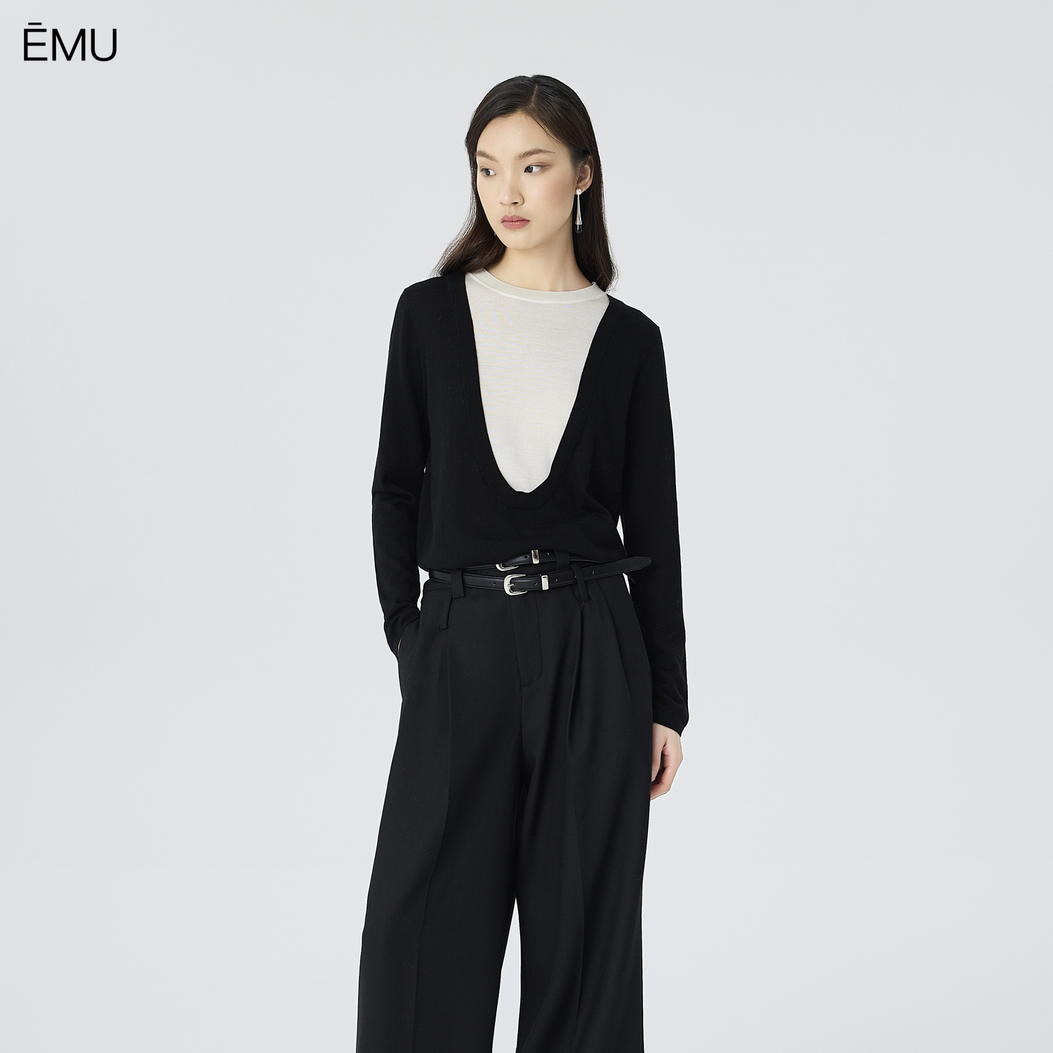 依妙EMU慵懒风假两件撞色大U领羊毛针织衫T恤女内搭打底衫毛衣