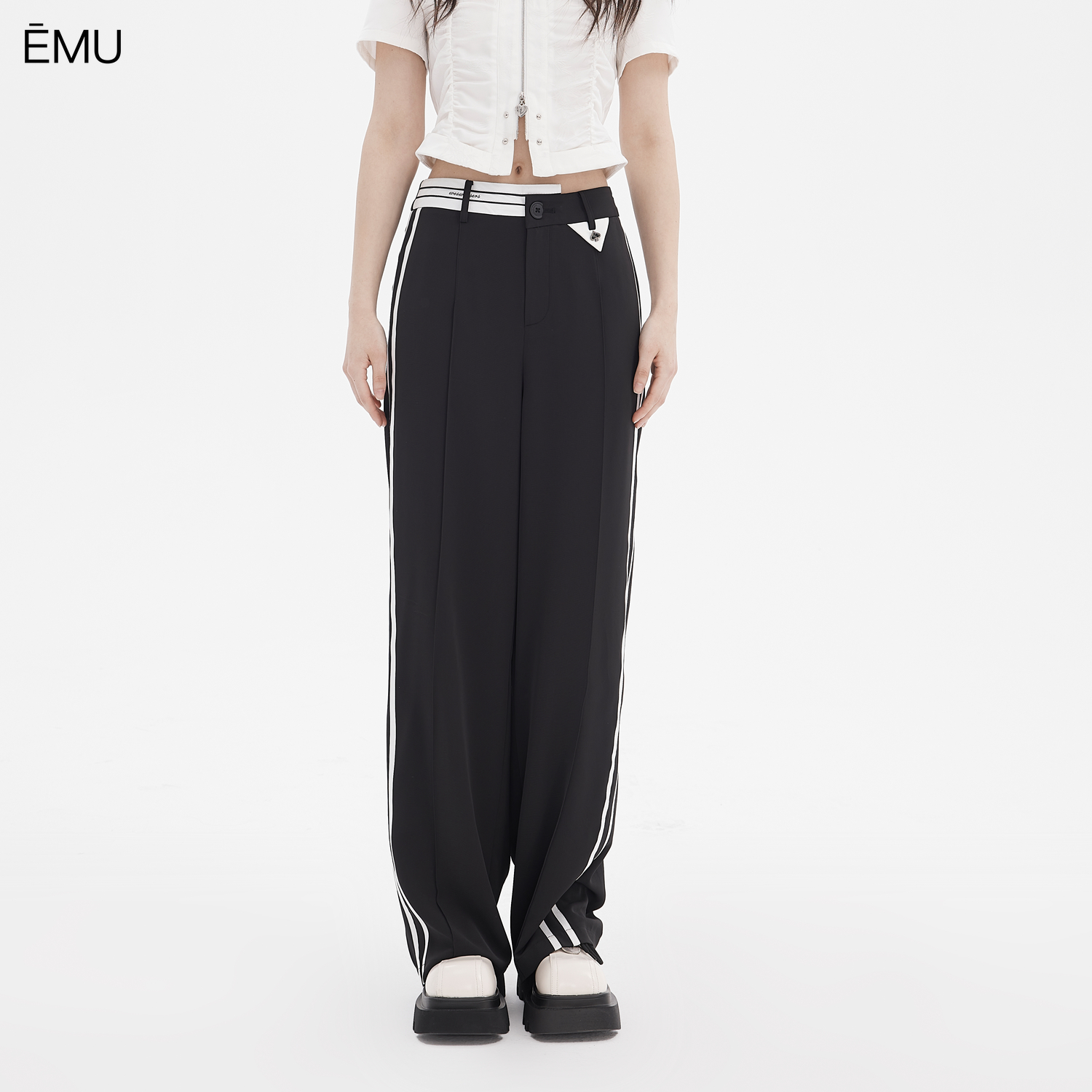 依妙EMU撞色垂感宽松直筒休闲西裤女2025夏季百搭时尚显瘦阔腿裤