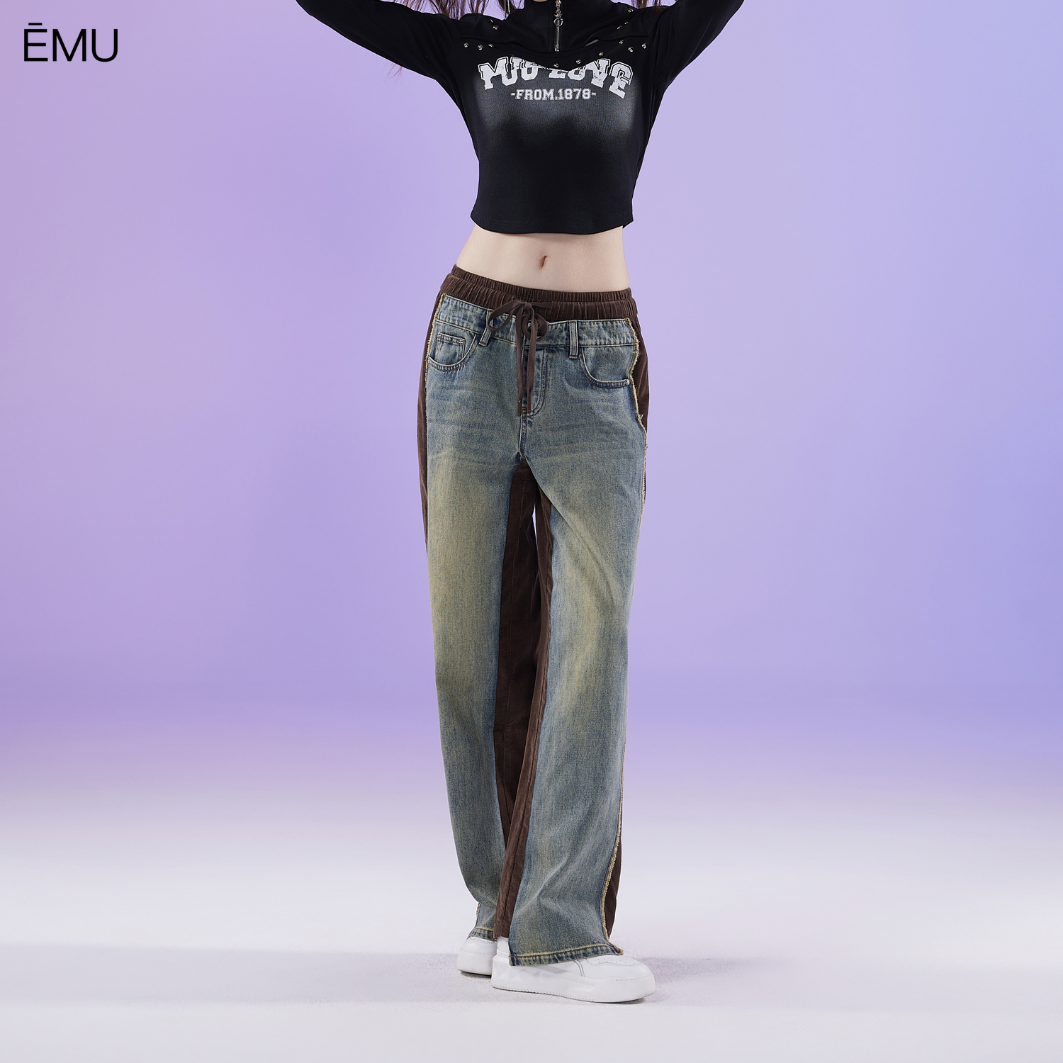 依妙EMU拼接撞色做旧洗水牛仔裤2025秋款设计感高个子阔腿长裤