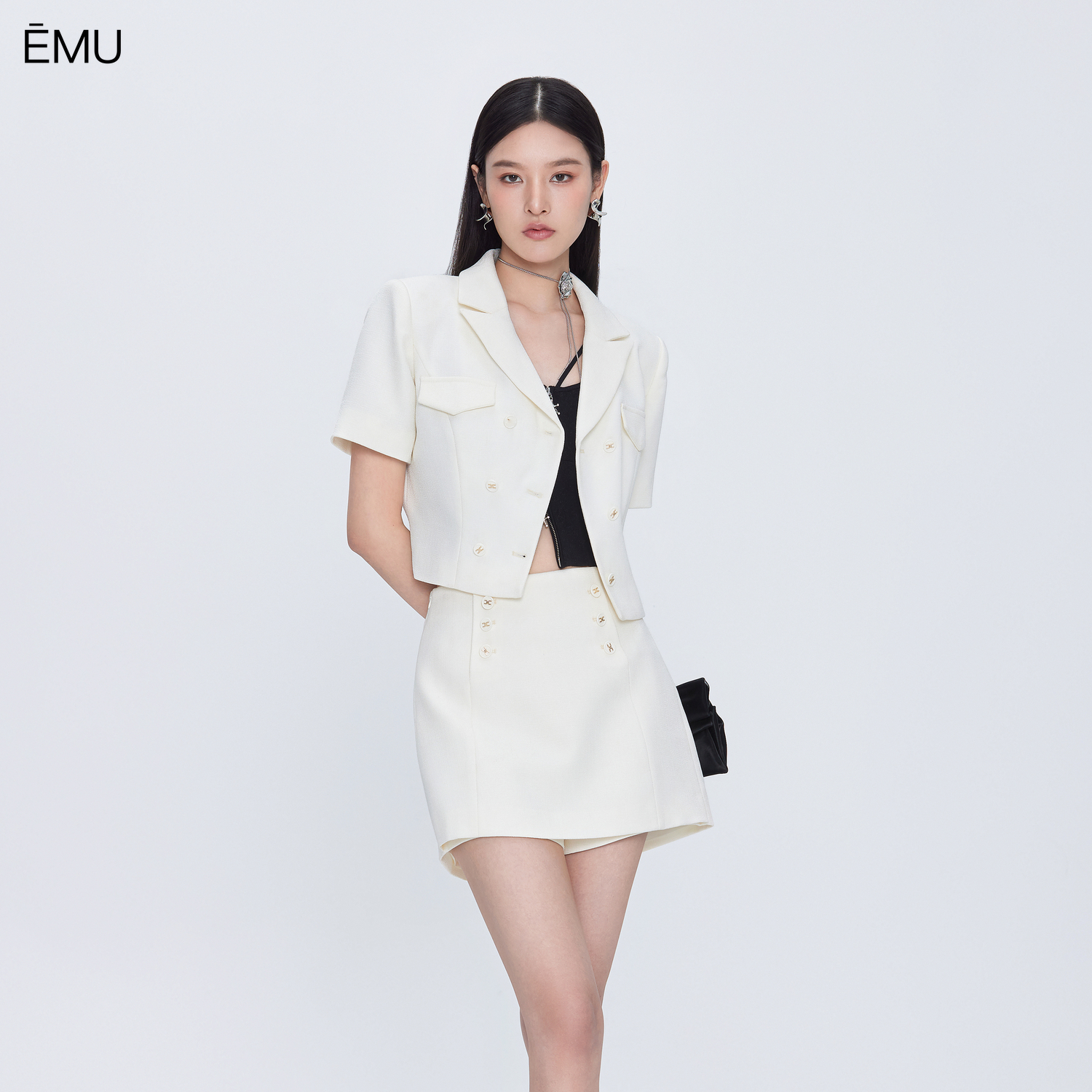依妙EMU双排扣外套A字裙裤商务套装西装领短袖短款上衣时尚短裤