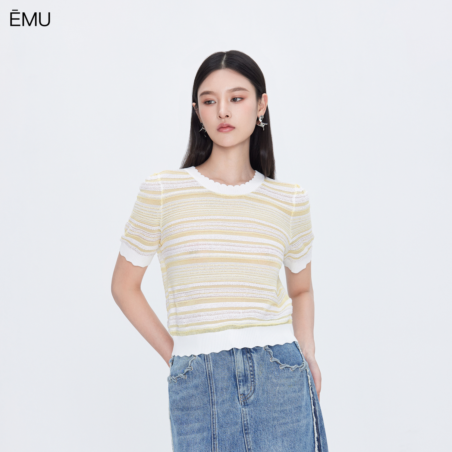 依妙EMU撞色条纹毛织上衣2025夏季横纹波浪边针织高弹圆领短袖衫