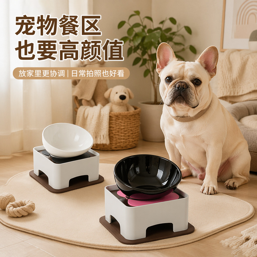 法斗斗牛犬陶瓷餐台护颈狗碗