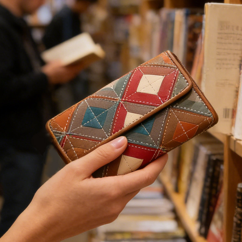 证件包新款复古拼接几何钱包女士真皮大容量高级感气质手拿包卡包,箱包皮具/热销女包/男包,钱包,淘宝优惠券,粉丝福利购,淘宝优惠卷